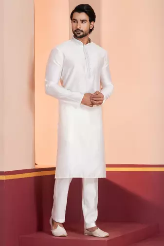 White Blended Cotton kurta pyjama set