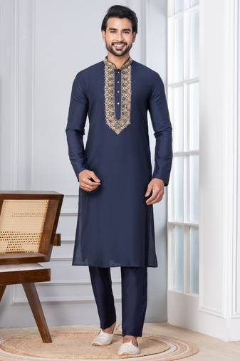 Navy Blue Blended Cotton kurta pyjama set