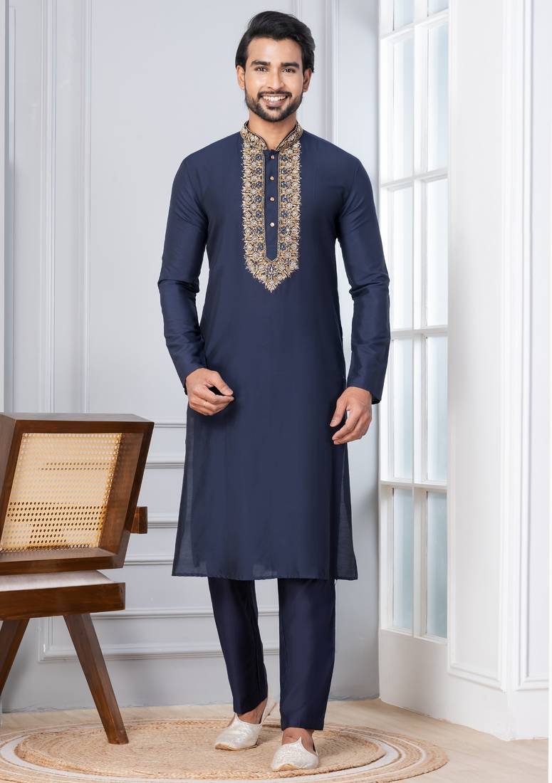 Navy Blue Blended Cotton kurta pyjama set