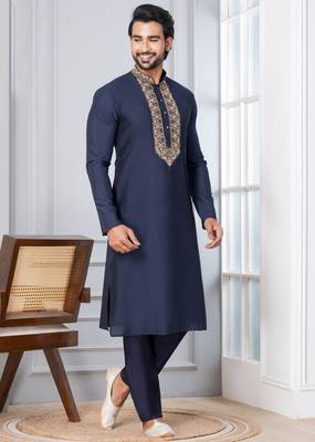 Navy Blue Blended Cotton kurta pyjama set 2