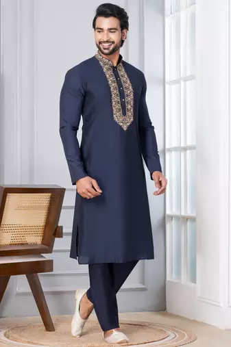 Navy Blue Blended Cotton kurta pyjama set