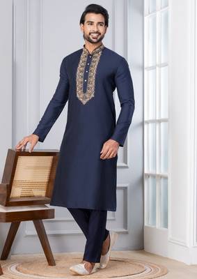 Navy Blue Blended Cotton kurta pyjama set 3