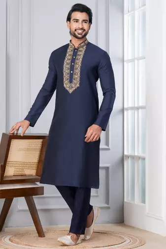 Navy Blue Blended Cotton kurta pyjama set