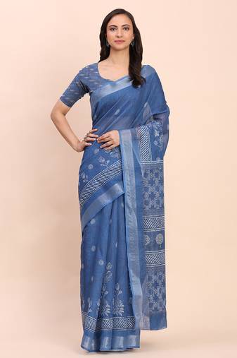 Indigo blue cotton cotton saree with tribal floral print