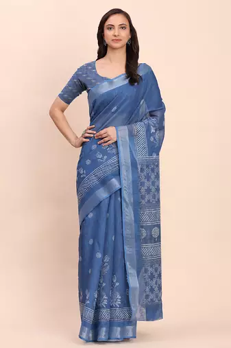 Indigo blue cotton cotton saree with tribal floral print