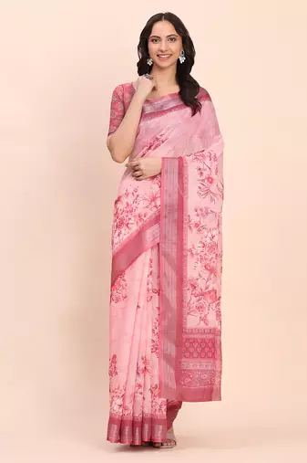 Light pink cotton cotton saree with tribal floral print