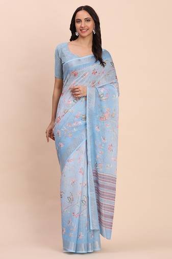Sky blue cotton cotton saree with tribal floral print