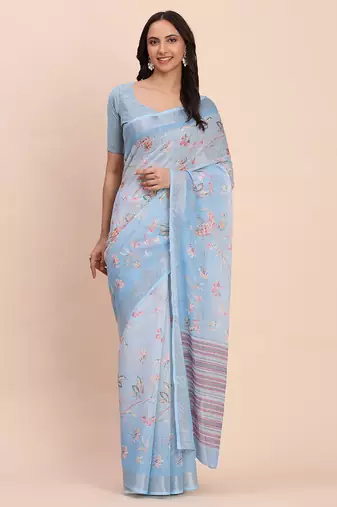 Sky blue cotton cotton saree with tribal floral print