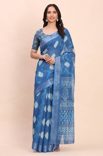 Indigo blue cotton cotton saree with tribal floral print