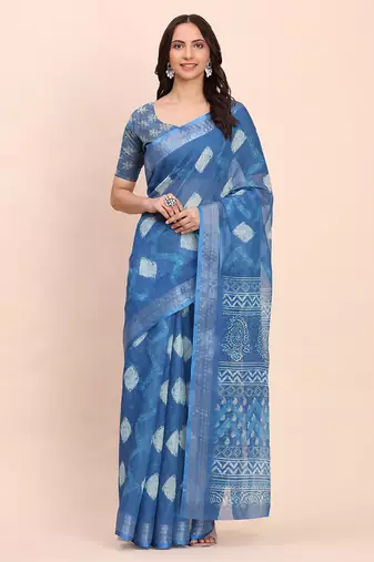 Indigo blue cotton cotton saree with tribal floral print