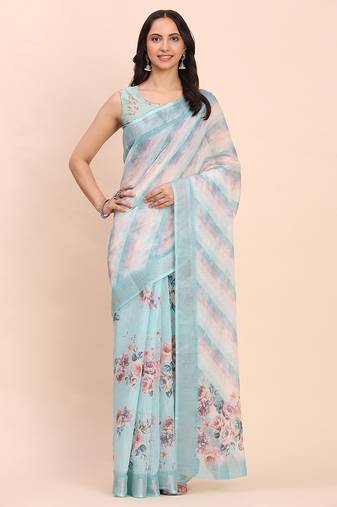 Sky blue cotton cotton saree with tribal floral print