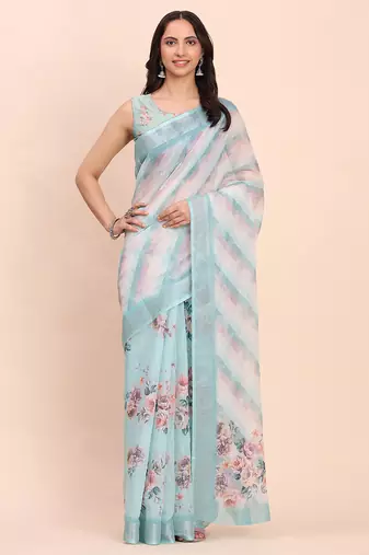 Sky blue cotton cotton saree with tribal floral print