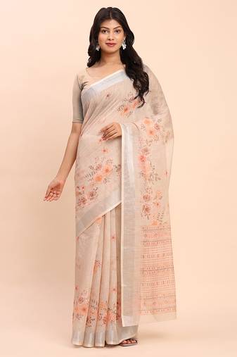 Soft linen cotton saree with blouse elegant cream beige saree with peach floral print subtle zari border sari