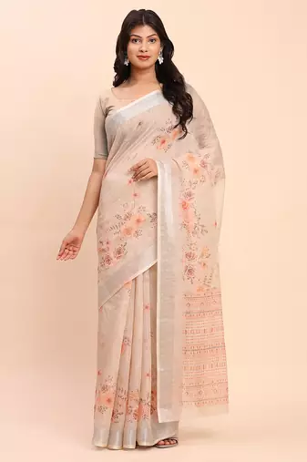 Soft linen cotton saree with blouse elegant cream beige saree with peach floral print subtle zari border sari