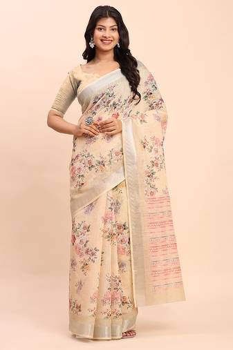 cream beige linen cotton floral print zari border saree with blouse