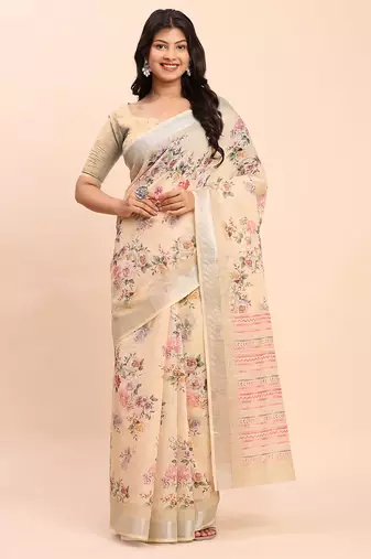 cream beige linen cotton floral print zari border saree with blouse