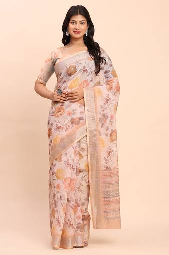 cream beige linen cotton floral print zari border saree with blouse