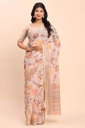 cream beige linen cotton floral print zari border saree with blouse