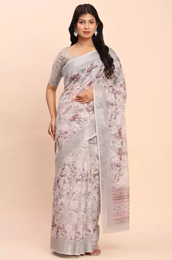 cream beige linen cotton floral print zari border saree with blouse