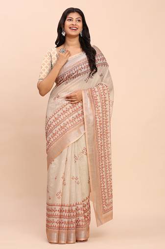 cream beige linen cotton floral print zari border saree with blouse