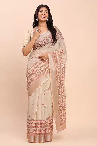 cream beige linen cotton floral print zari border saree with blouse