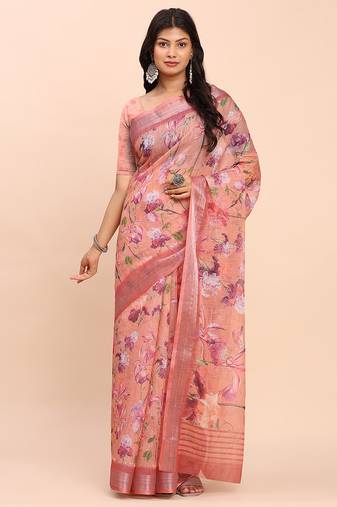 cream beige linen cotton floral print zari border saree with blouse