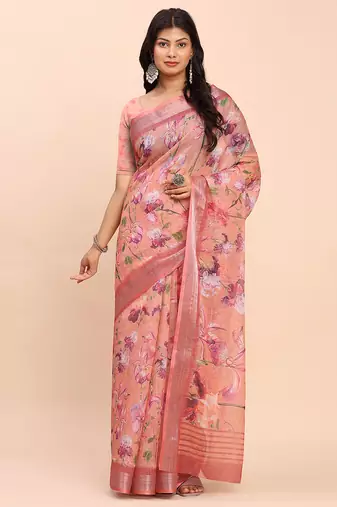 cream beige linen cotton floral print zari border saree with blouse