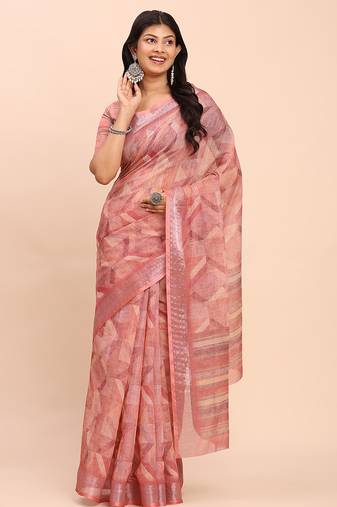 cream beige linen cotton floral print zari border saree with blouse