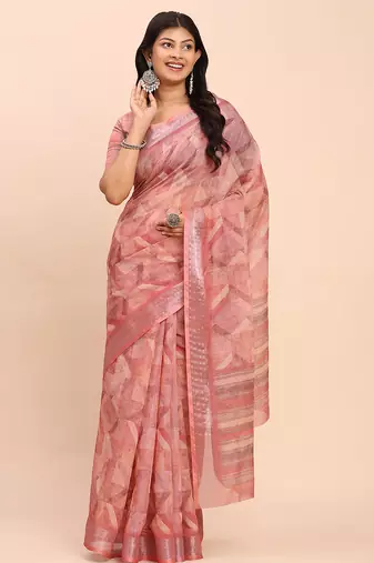 cream beige linen cotton floral print zari border saree with blouse