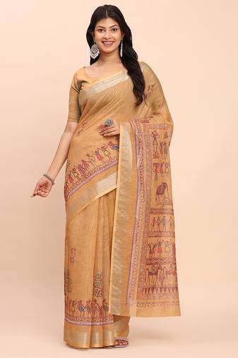 cream beige linen cotton floral print zari border saree with blouse