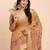 cream beige linen cotton floral print zari border saree with blouse