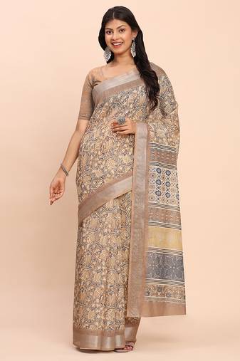 cream beige linen cotton floral print zari border saree with blouse