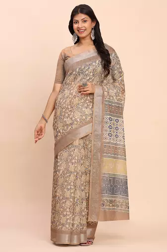 cream beige linen cotton floral print zari border saree with blouse