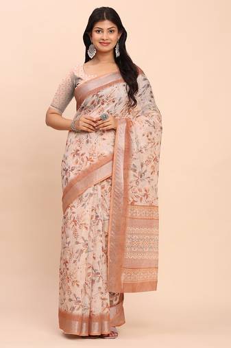 cream beige linen cotton floral print zari border saree with blouse