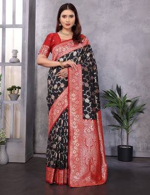 Black silk blend zari zaal weaving banarasi saree with contrast blouse 1