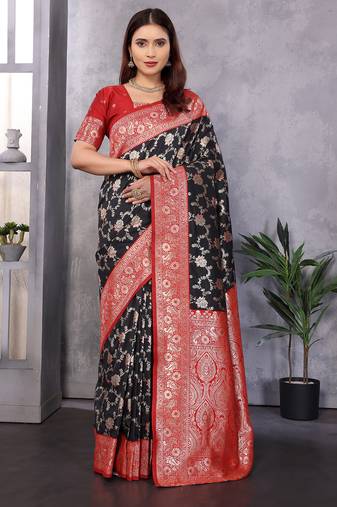 Black silk blend zari zaal weaving banarasi saree with contrast blouse