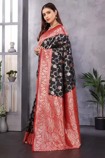 Black silk blend zari zaal weaving banarasi saree with contrast blouse