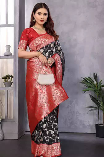 Black silk blend zari zaal weaving banarasi saree with contrast blouse