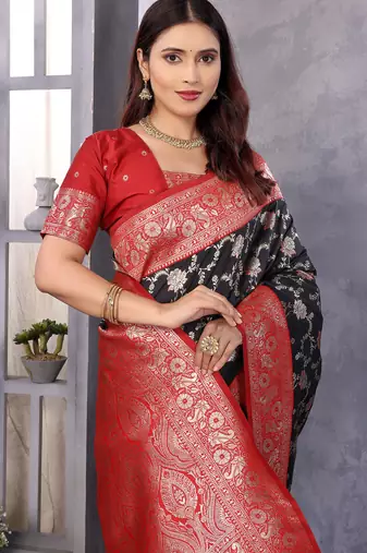 Black silk blend zari zaal weaving banarasi saree with contrast blouse