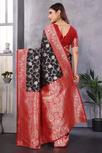 Black silk blend zari zaal weaving banarasi saree with contrast blouse