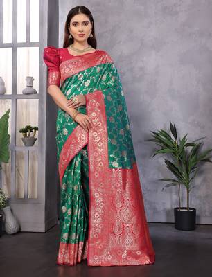 Green silk blend zari zaal weaving banarasi saree with contrast blouse 1
