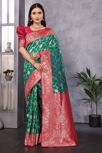 Green silk blend zari zaal weaving banarasi saree with contrast blouse