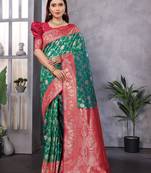 Green silk blend zari zaal weaving banarasi saree with contrast blouse