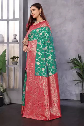 Green silk blend zari zaal weaving banarasi saree with contrast blouse