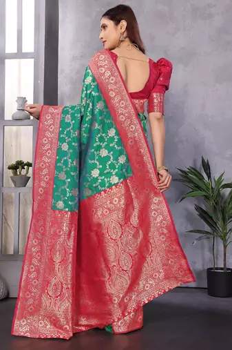 Green silk blend zari zaal weaving banarasi saree with contrast blouse