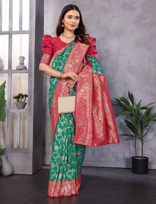 Green silk blend zari zaal weaving banarasi saree with contrast blouse 4