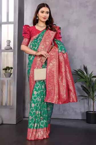 Green silk blend zari zaal weaving banarasi saree with contrast blouse