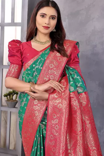 Green silk blend zari zaal weaving banarasi saree with contrast blouse