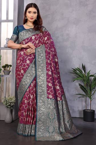 Magenta silk blend zari zaal weaving banarasi saree with contrast blouse
