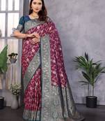 Magenta silk blend zari zaal weaving banarasi saree with contrast blouse